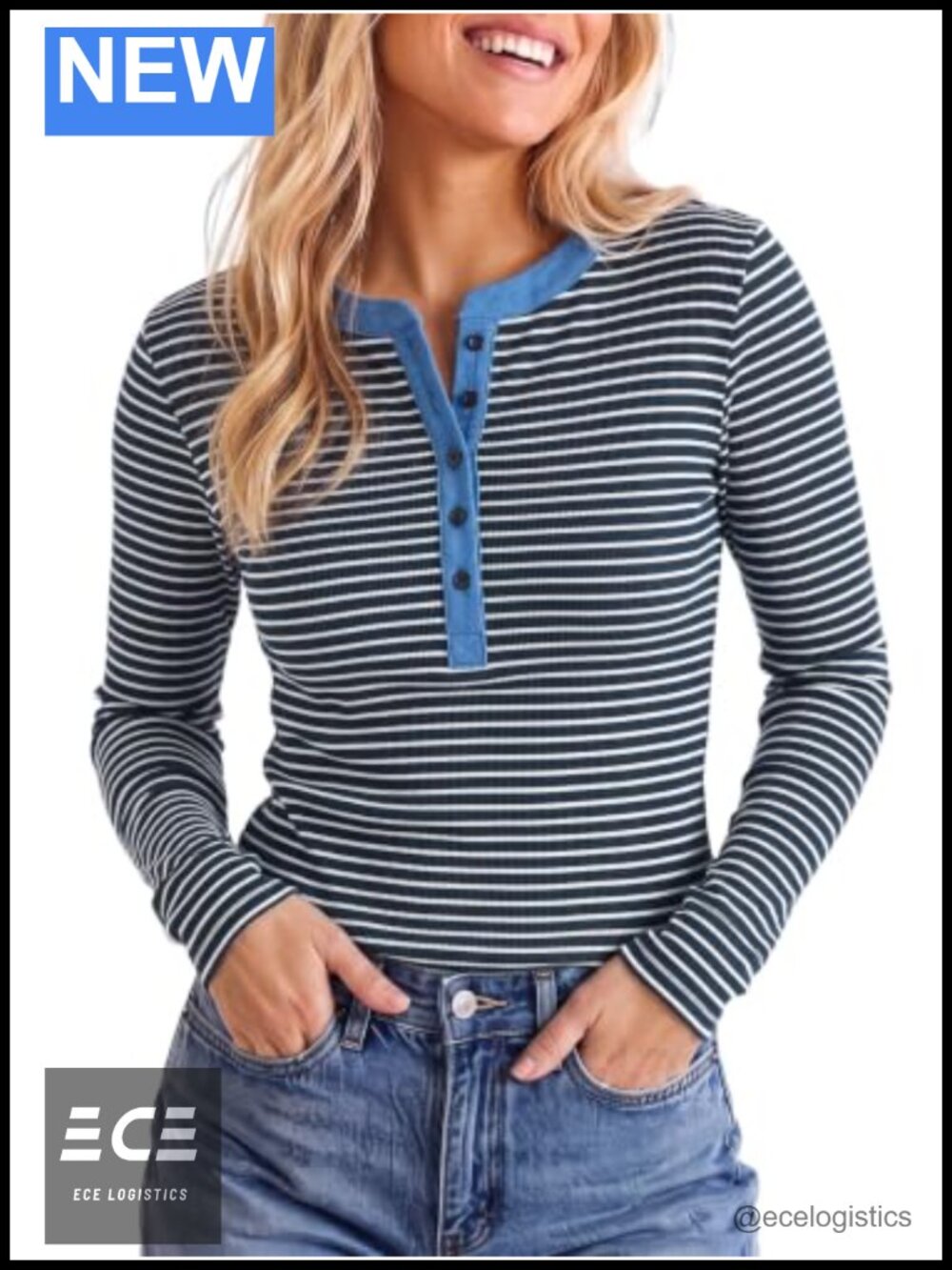 Ribbed Knit Striped Henley Long Sleeve Slim Fit Fall Top